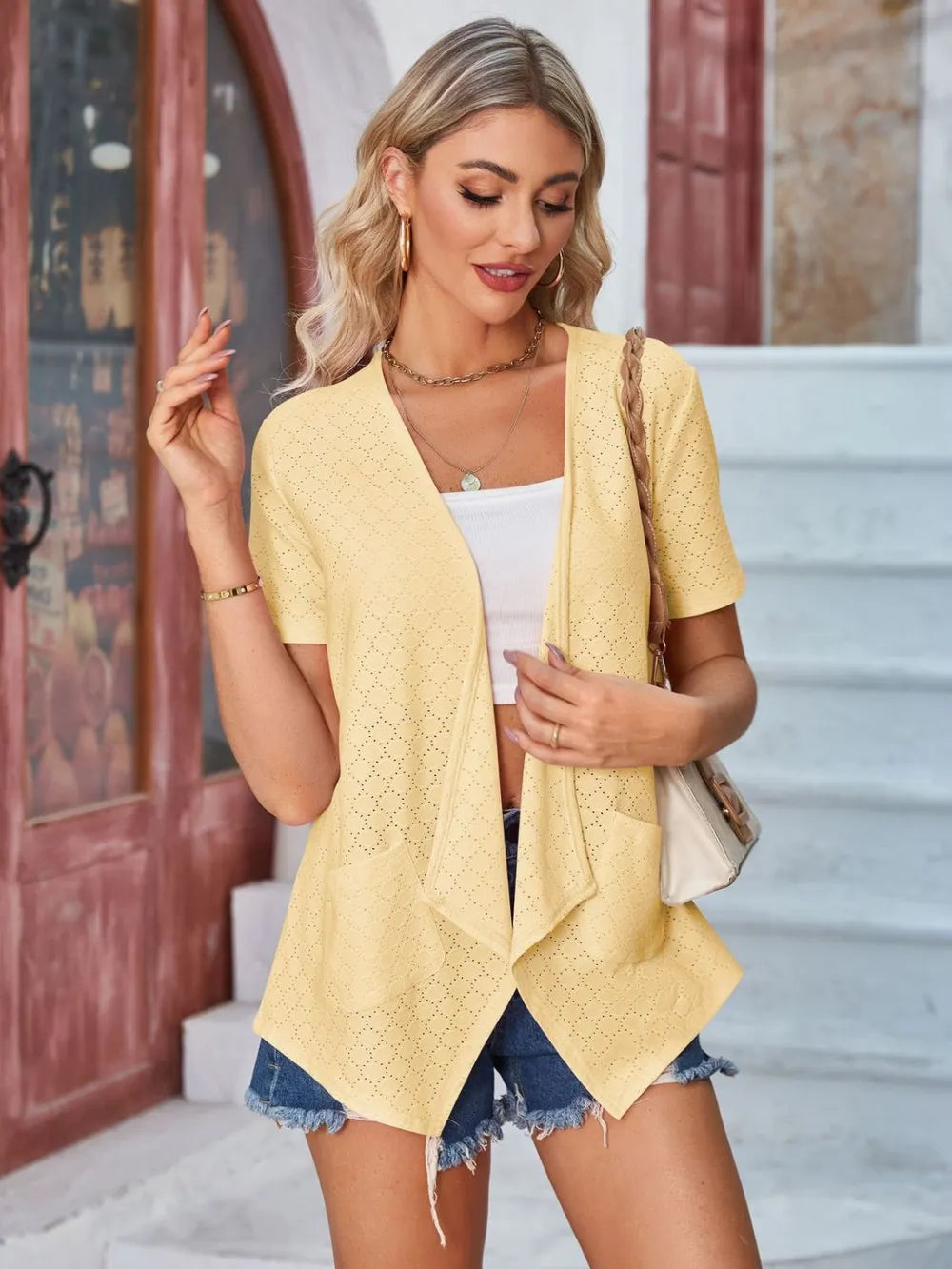 Eyelet Open Front Short Sleeve Cover Up - V.I.P Digital Presence