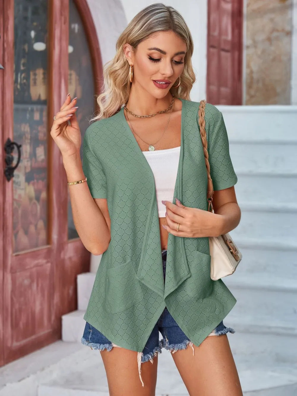 Eyelet Open Front Short Sleeve Cover Up - V.I.P Digital Presence