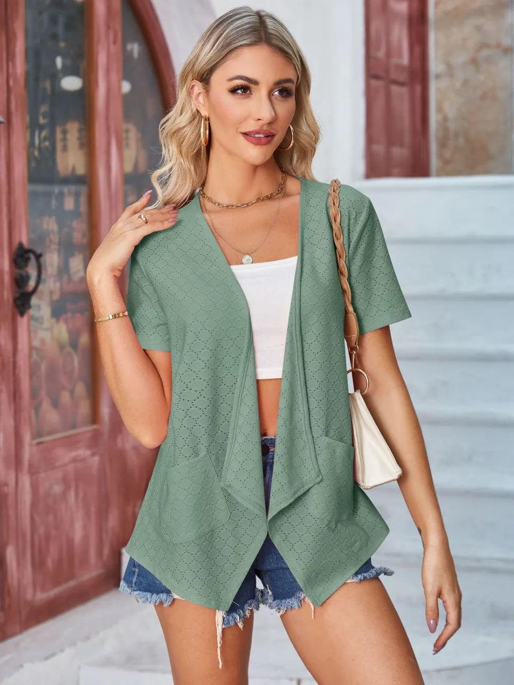 Eyelet Open Front Short Sleeve Cover Up - V.I.P Digital Presence