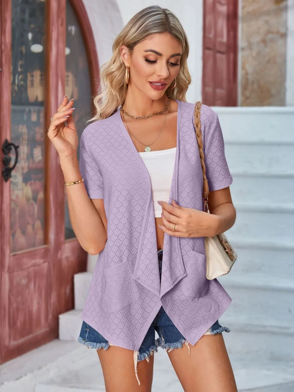 Eyelet Open Front Short Sleeve Cover Up - V.I.P Digital Presence