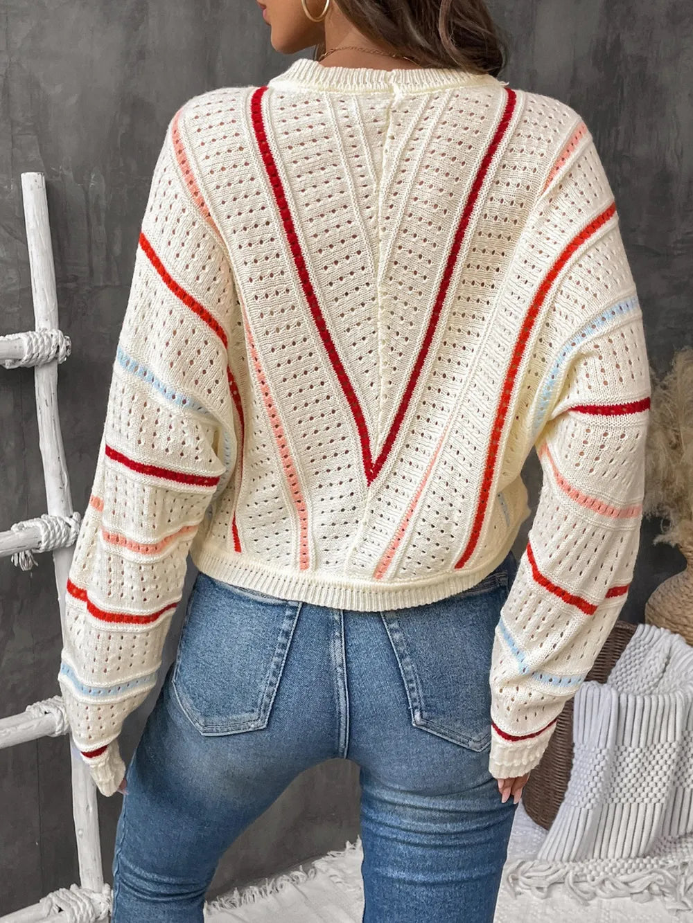 Eyelet Round Neck Long Sleeve Sweater - V.I.P Digital Presence