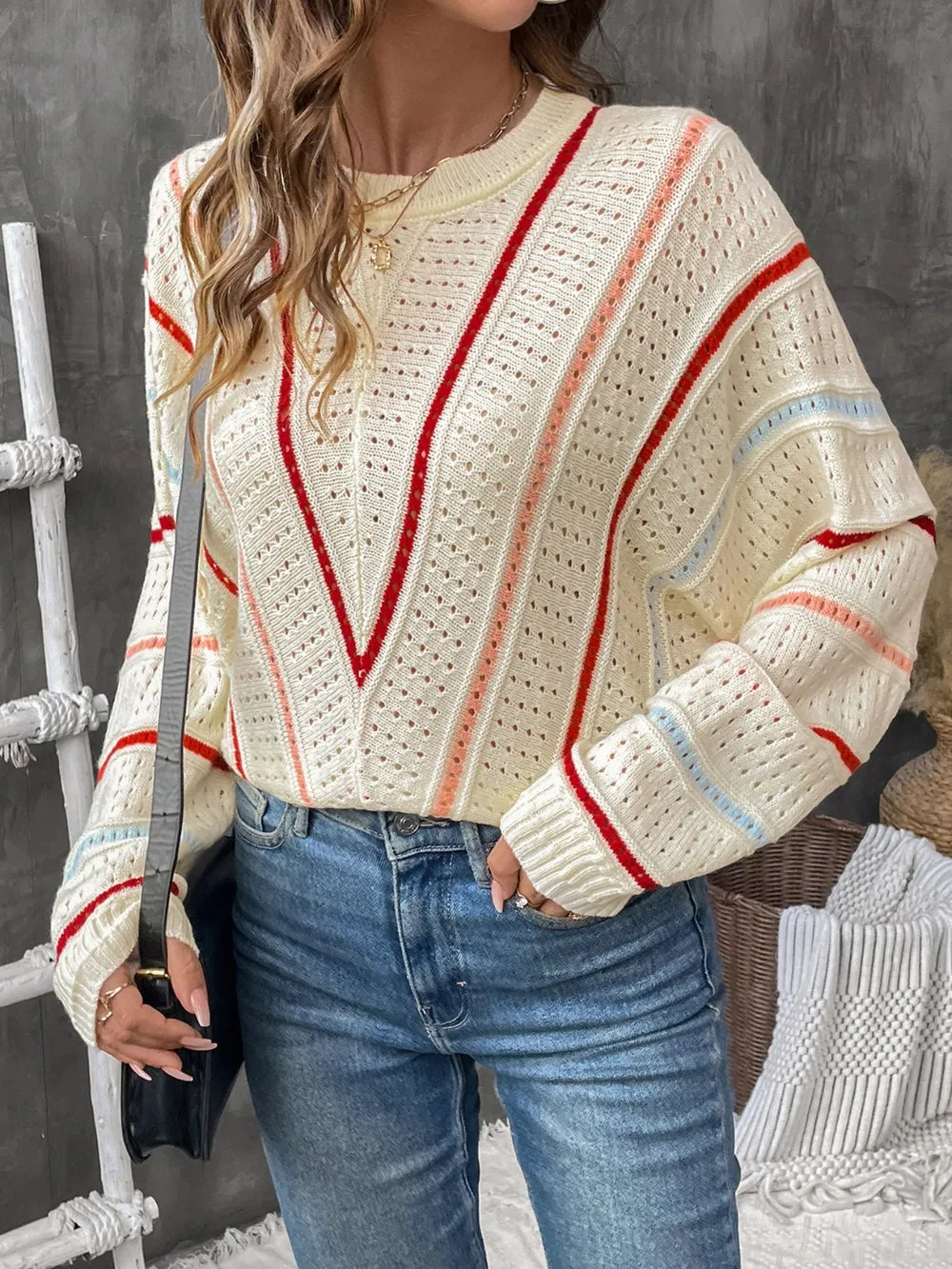 Eyelet Round Neck Long Sleeve Sweater - V.I.P Digital Presence