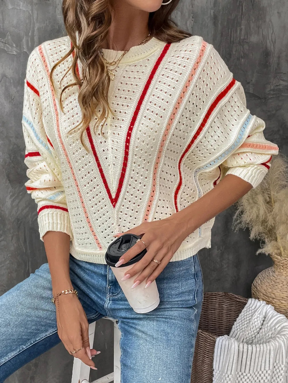 Eyelet Round Neck Long Sleeve Sweater - V.I.P Digital Presence