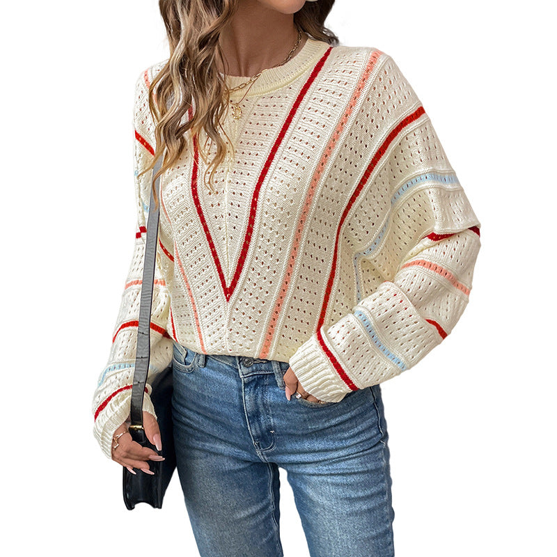 Eyelet Round Neck Long Sleeve Sweater - V.I.P Digital Presence