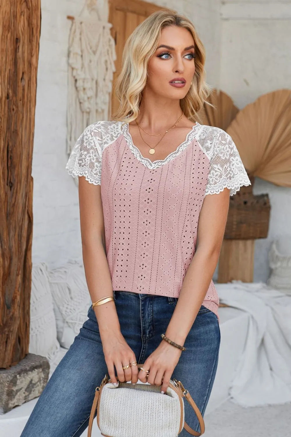 Eyelet V-Neck Lace Short Sleeve T-Shirt - V.I.P Digital Presence