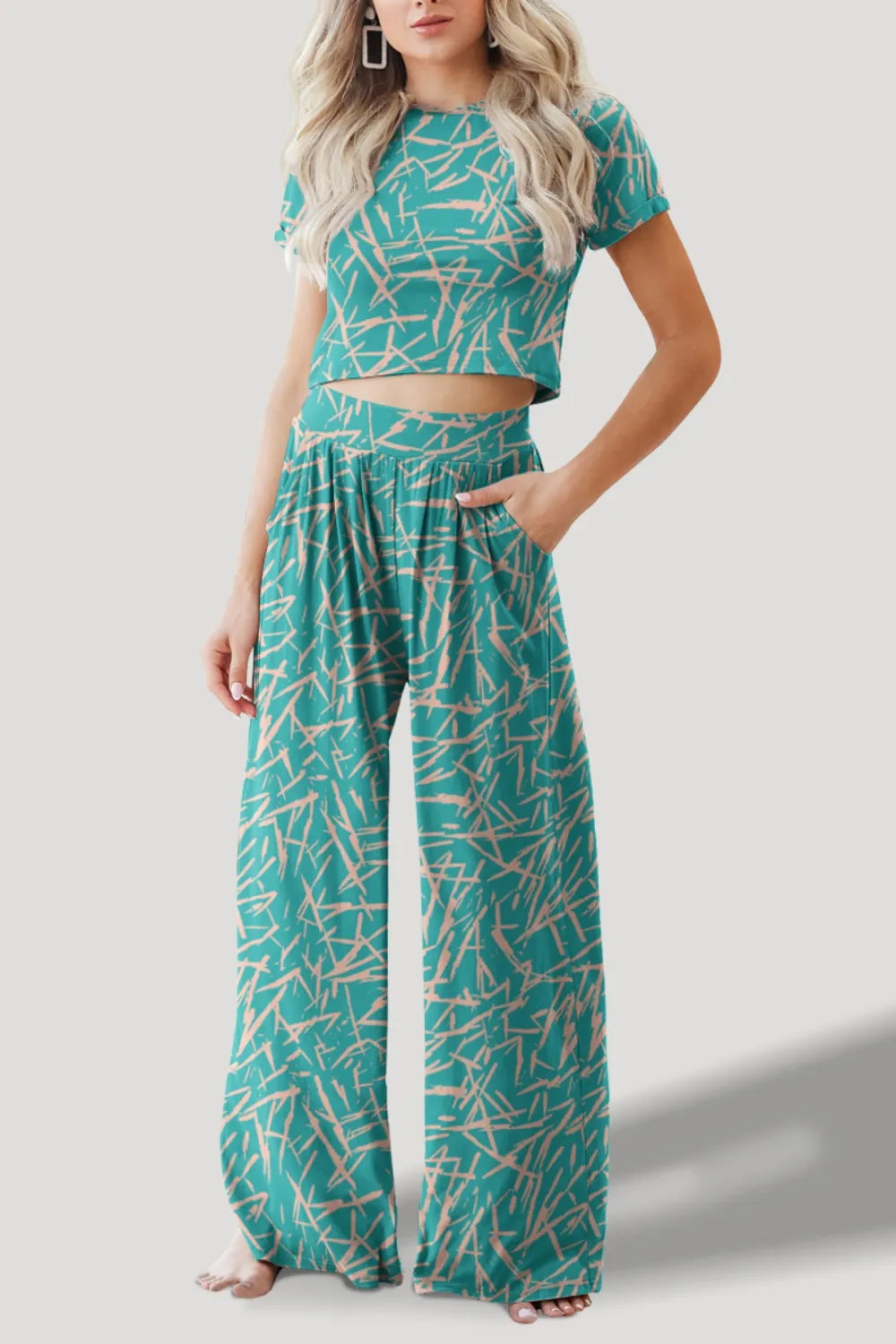 FAM-FAM Printed Round Neck Short Sleeve Top and Pants Set - V.I.P Digital Presence