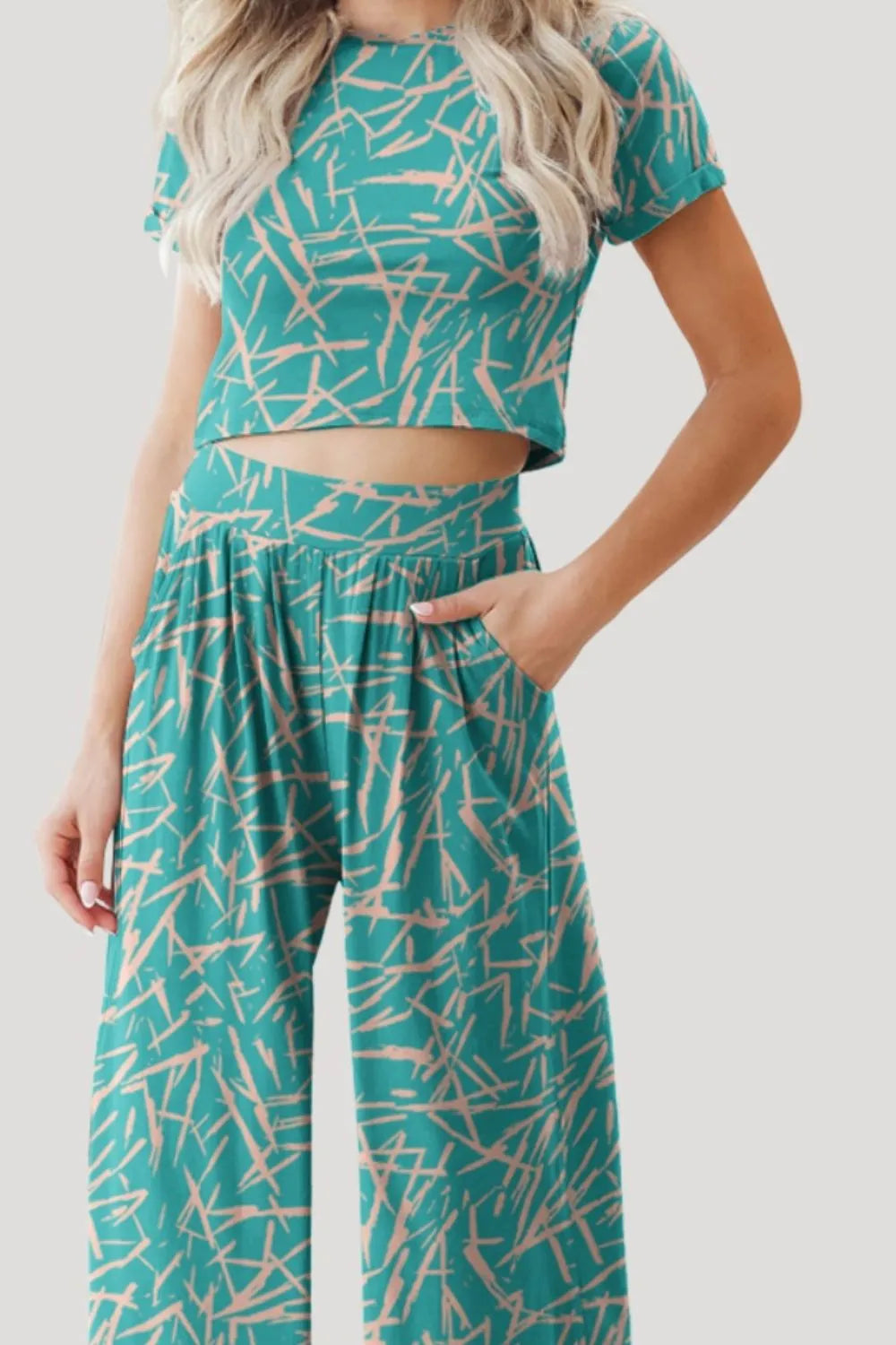 FAM-FAM Printed Round Neck Short Sleeve Top and Pants Set - V.I.P Digital Presence