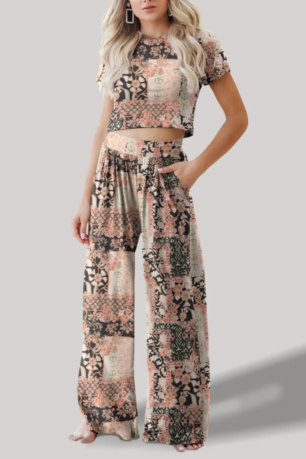 FAM-FAM Printed Round Neck Short Sleeve Top and Pants Set - V.I.P Digital Presence