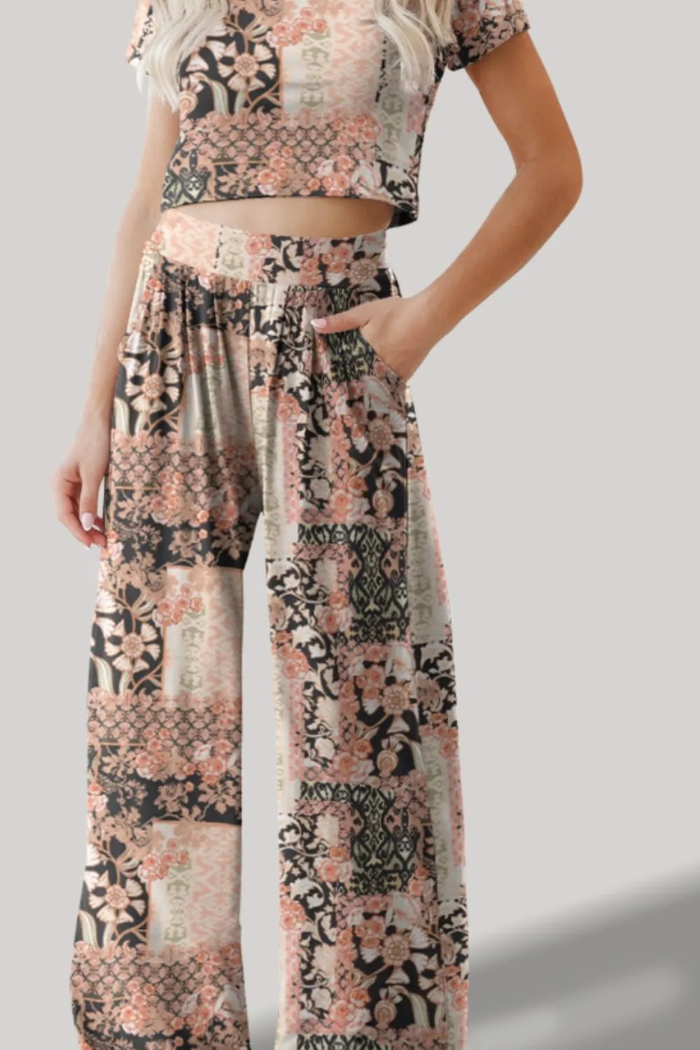 FAM-FAM Printed Round Neck Short Sleeve Top and Pants Set - V.I.P Digital Presence
