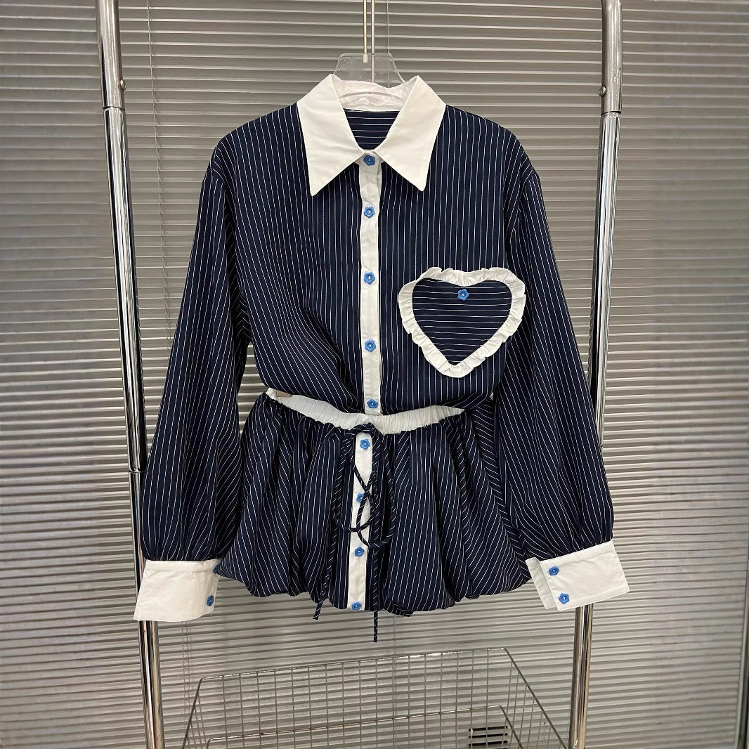 Fashion contrasting polo collar heart striped shirt top women's spring floral bud fluffy half skirt two-piece set - V.I.P Digital Presence