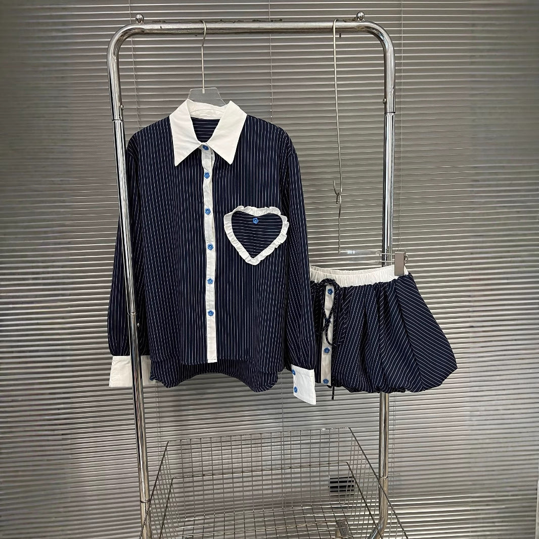 Fashion contrasting polo collar heart striped shirt top women's spring floral bud fluffy half skirt two-piece set - V.I.P Digital Presence