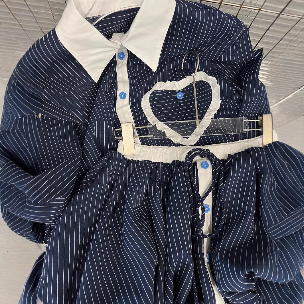 Fashion contrasting polo collar heart striped shirt top women's spring floral bud fluffy half skirt two-piece set - V.I.P Digital Presence