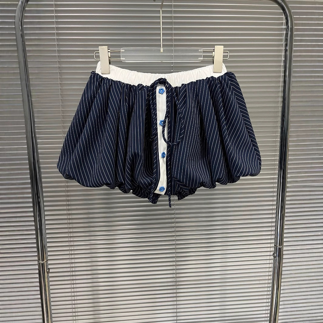 Fashion contrasting polo collar heart striped shirt top women's spring floral bud fluffy half skirt two-piece set - V.I.P Digital Presence