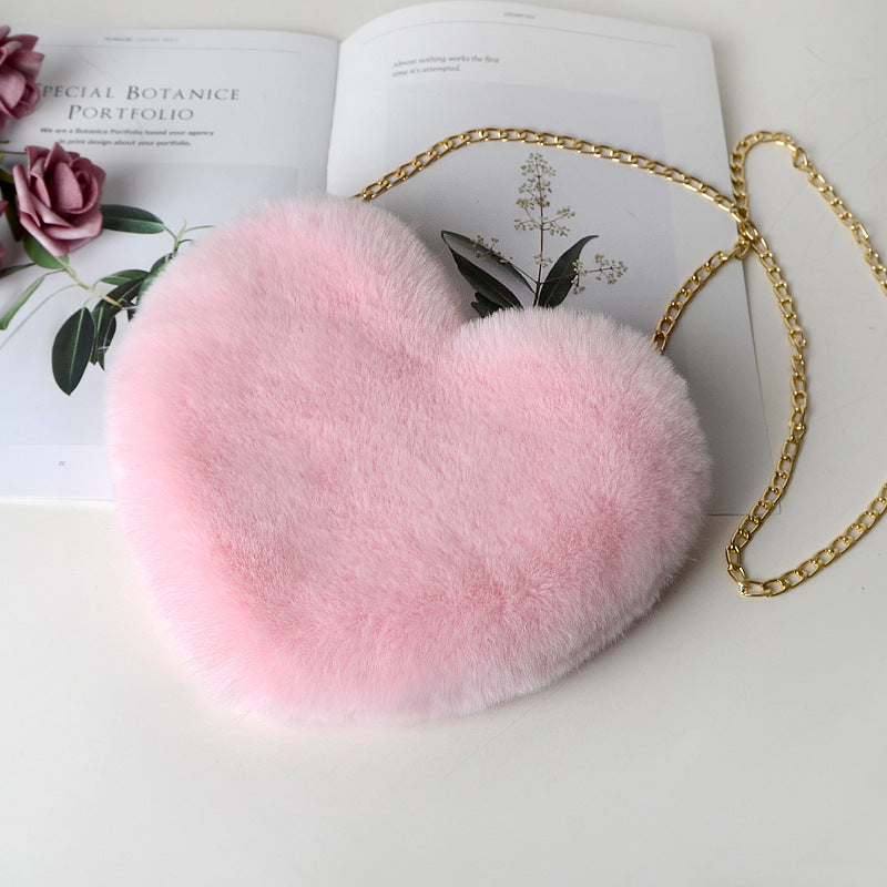 Fashion love heart bag peach heart bag women's chain messenger bag plush shoulder furry bag coin purse - V.I.P Digital Presence