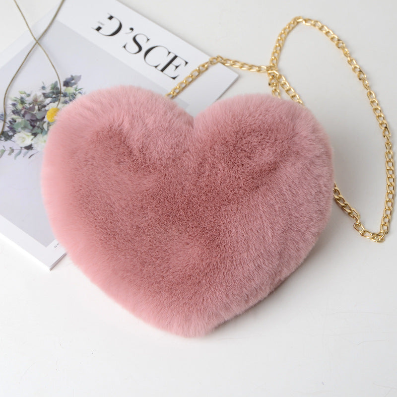 Fashion love heart bag peach heart bag women's chain messenger bag plush shoulder furry bag coin purse - V.I.P Digital Presence