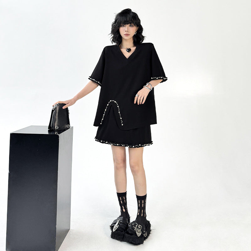 Fashion Set V-neck Solid Color Shoulder Pad T-shirt+Elastic Waist Short Skirt - V.I.P Digital Presence