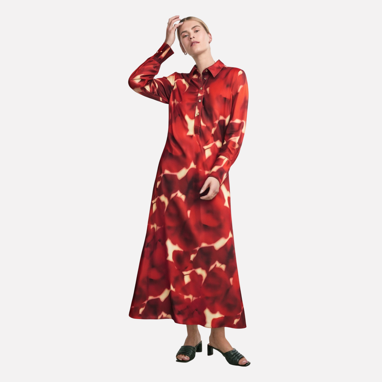 Flip collar single breasted printed shirt long skirt dress for women - V.I.P Digital Presence