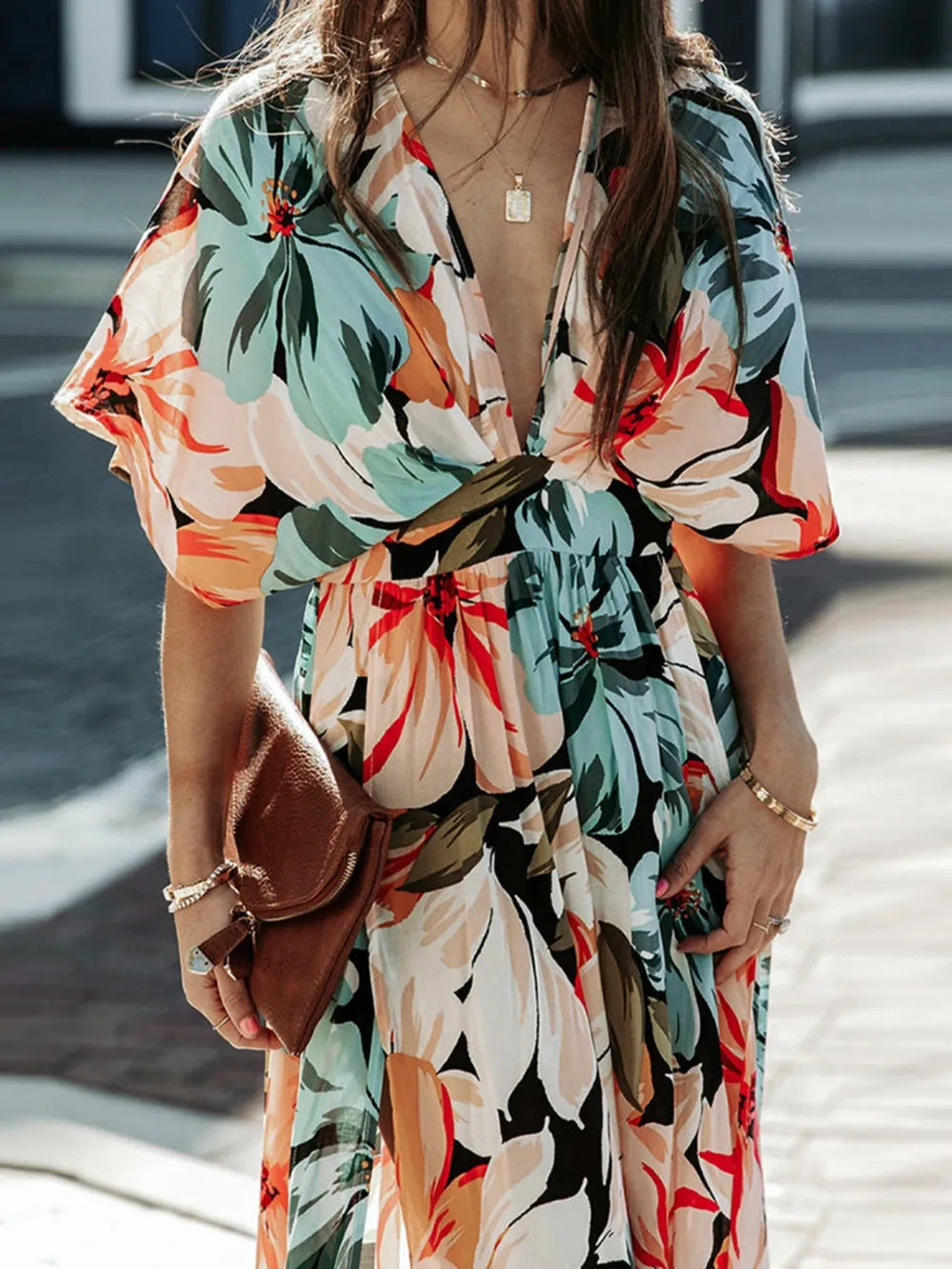 Floral Plunge Half Sleeve Dress - V.I.P Digital Presence