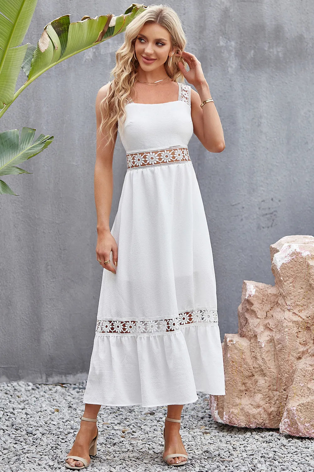 Flower Crochet Wide Strap Midi Dress - V.I.P Digital Presence