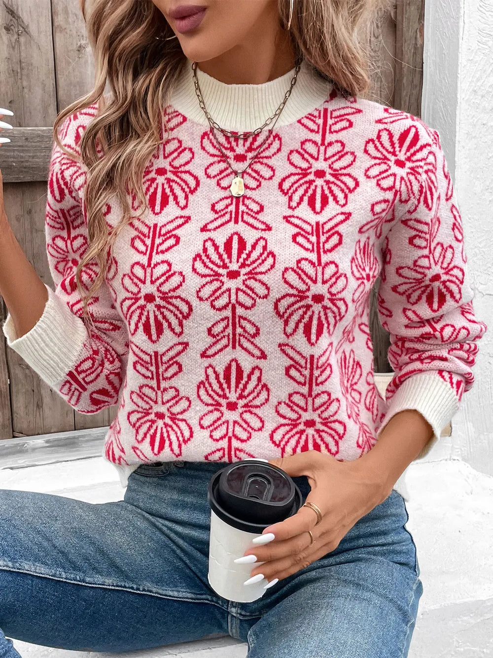 Flower Round Neck Long Sleeve Sweater - V.I.P Digital Presence