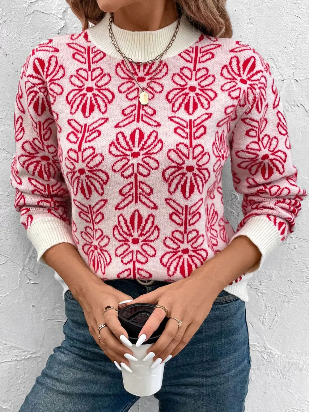 Flower Round Neck Long Sleeve Sweater - V.I.P Digital Presence
