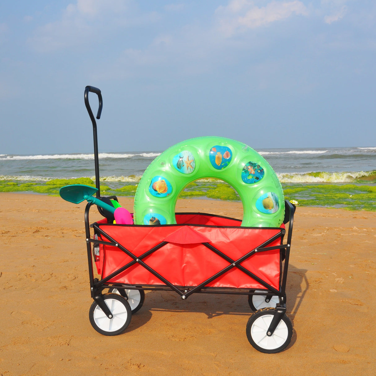 Folding Wagon Garden Shopping Beach Cart (Red) - V.I.P Digital Presence
