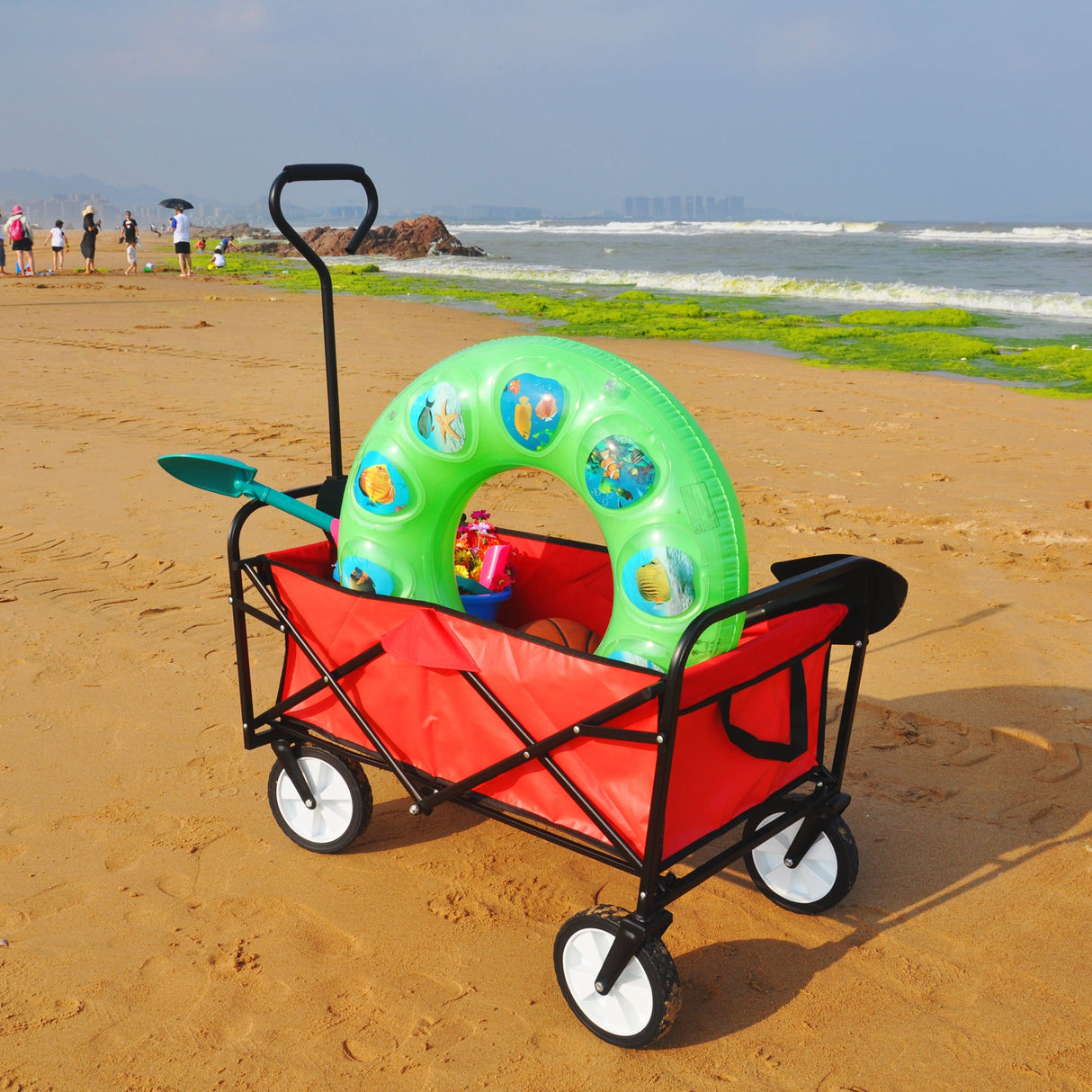Folding Wagon Garden Shopping Beach Cart (Red) - V.I.P Digital Presence