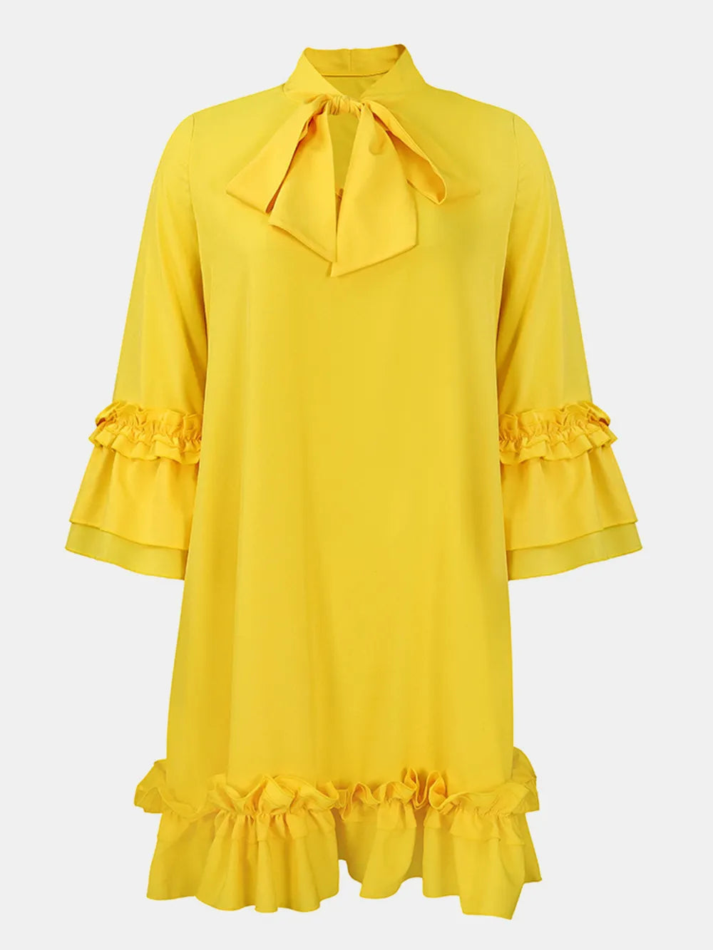 Frill Tie Neck Three-Quarter Sleeve Dress - V.I.P Digital Presence