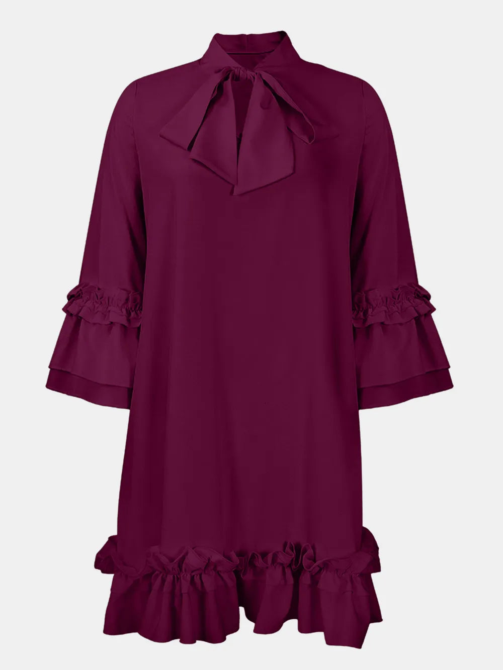Frill Tie Neck Three-Quarter Sleeve Dress - V.I.P Digital Presence