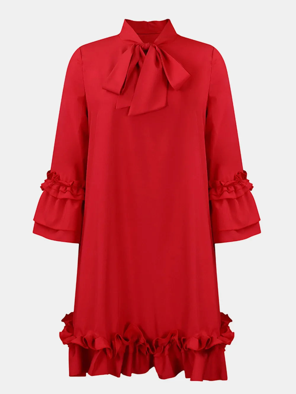 Frill Tie Neck Three-Quarter Sleeve Dress - V.I.P Digital Presence