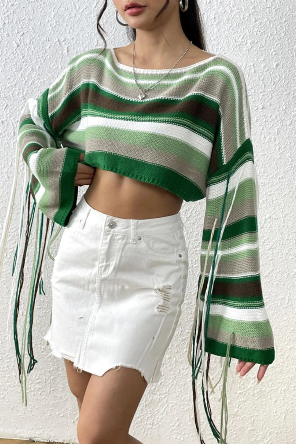 Fringe Striped Round Neck Knit Top - V.I.P Digital Presence