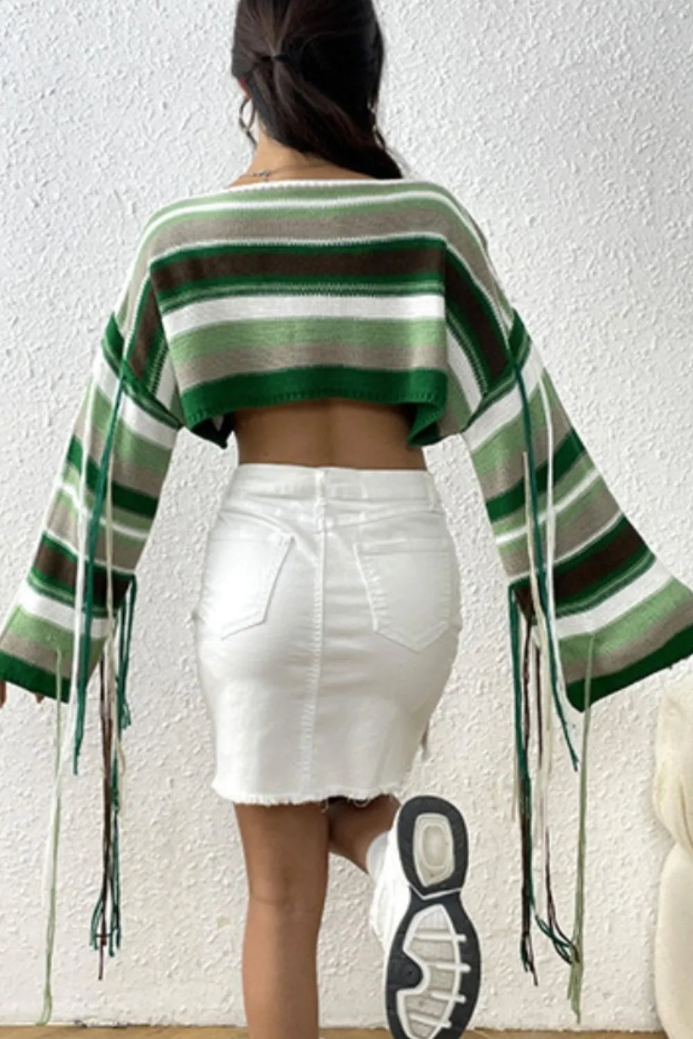 Fringe Striped Round Neck Knit Top - V.I.P Digital Presence