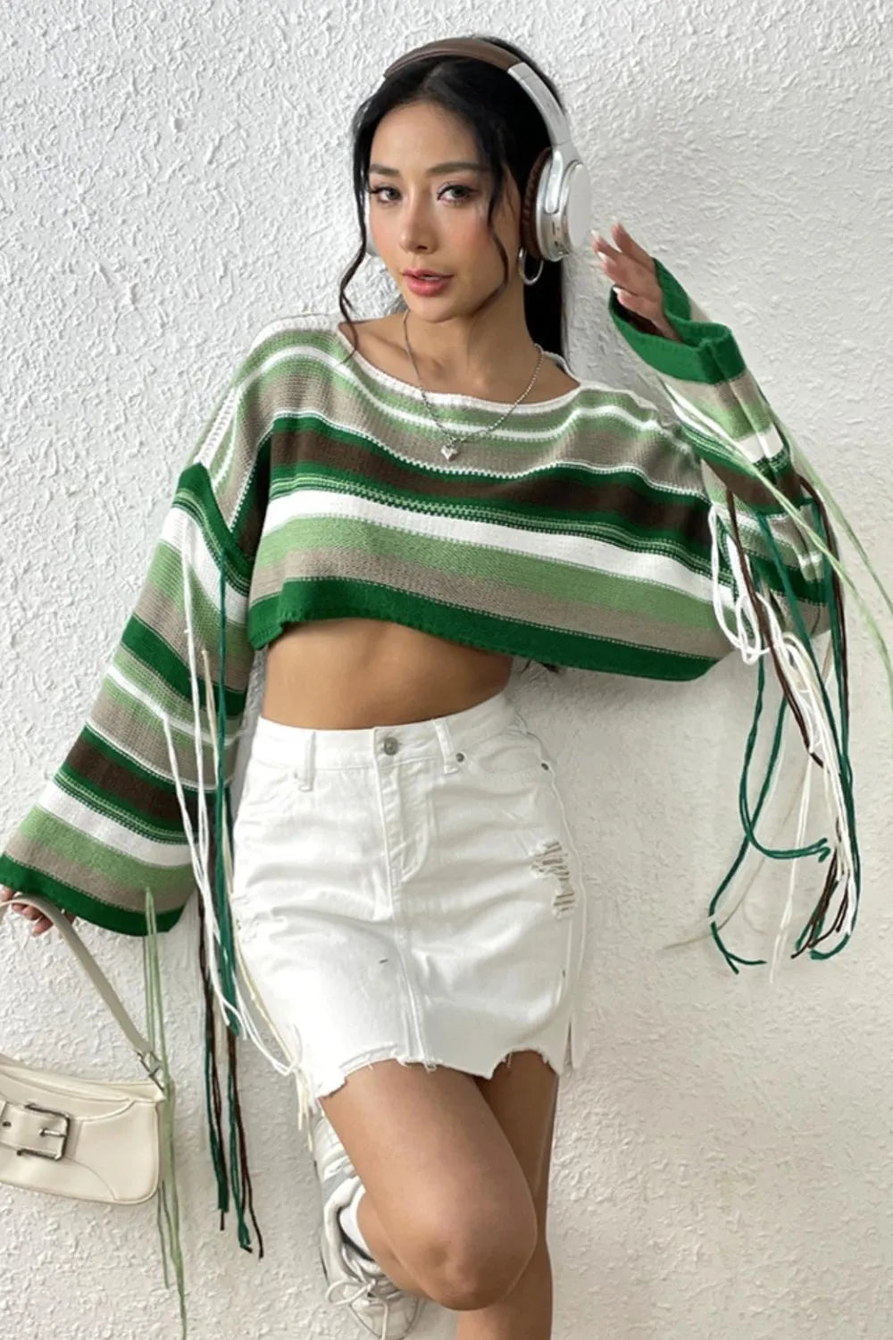 Fringe Striped Round Neck Knit Top - V.I.P Digital Presence
