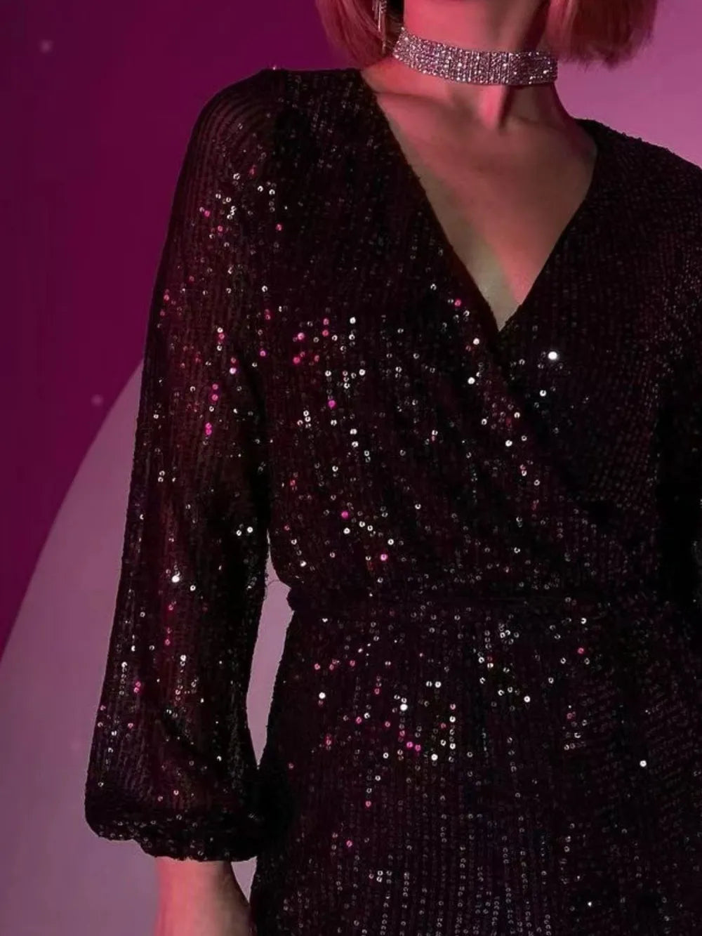 Full Size Sequin Surplice Tie Waist Long Sleeve Romper - V.I.P Digital Presence