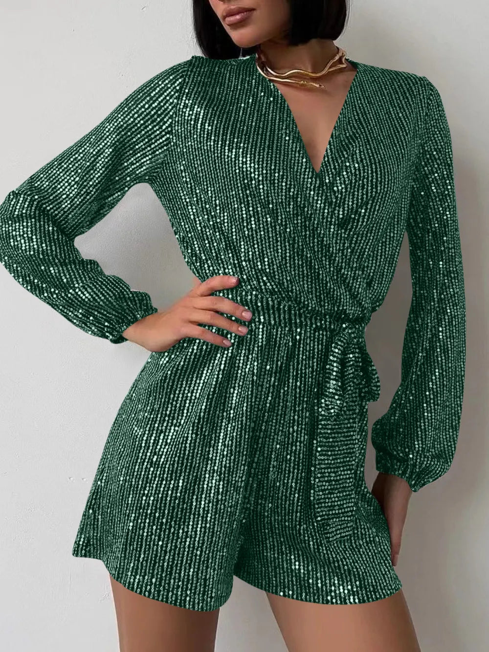 Full Size Sequin Surplice Tie Waist Long Sleeve Romper - V.I.P Digital Presence