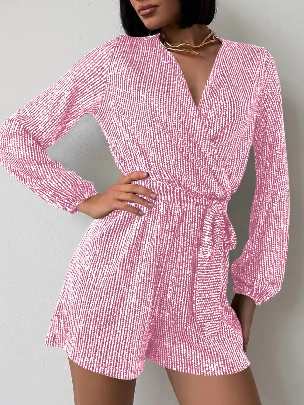 Full Size Sequin Surplice Tie Waist Long Sleeve Romper - V.I.P Digital Presence