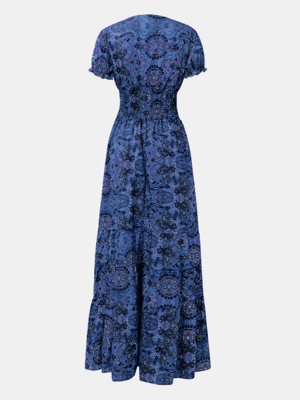 Full Size Smocked Printed V-Neck Short Sleeve Dress - V.I.P Digital Presence
