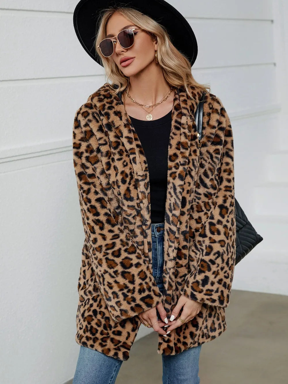 Fuzzy Leopard Hooded Long Sleeve Jacket - V.I.P Digital Presence