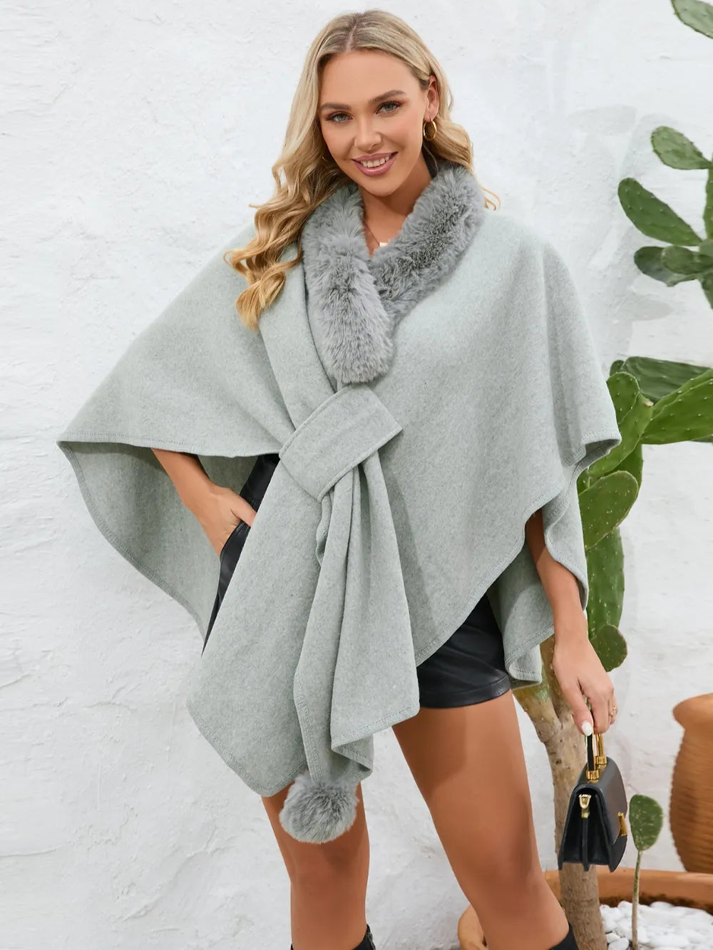 Fuzzy Trim Open Front Poncho - V.I.P Digital Presence