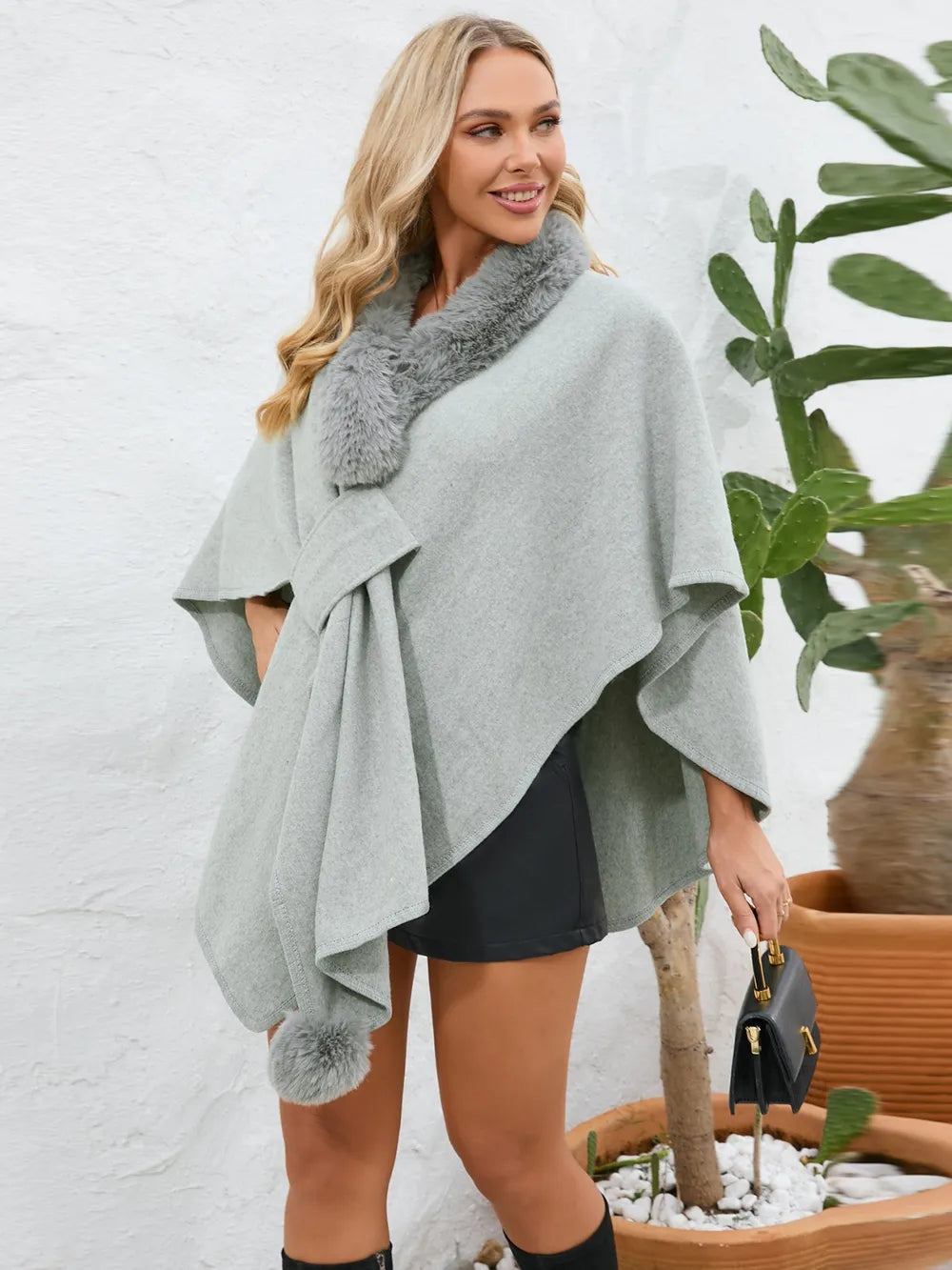 Fuzzy Trim Open Front Poncho - V.I.P Digital Presence