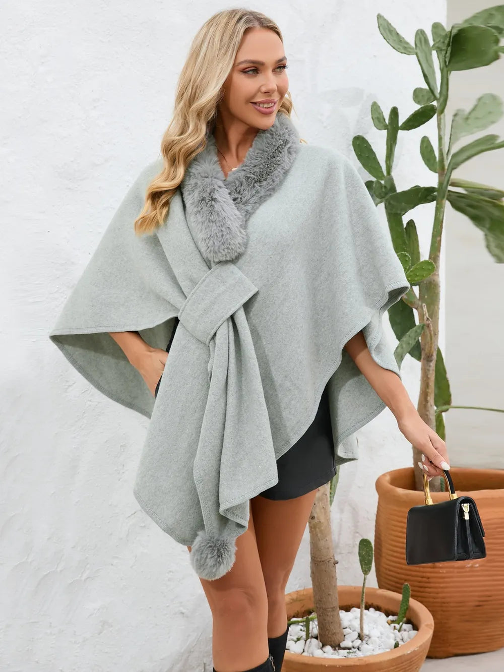 Fuzzy Trim Open Front Poncho - V.I.P Digital Presence