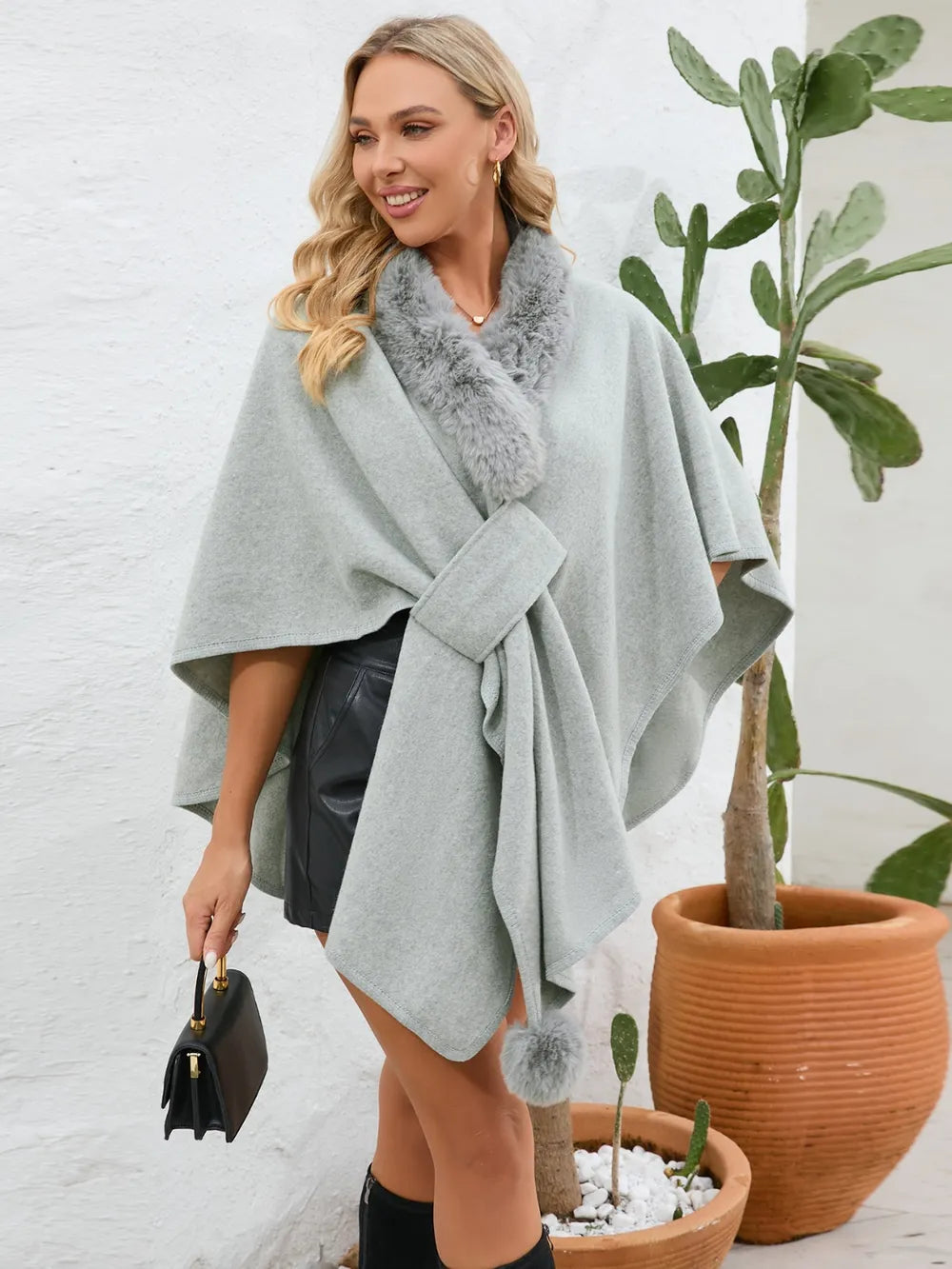 Fuzzy Trim Open Front Poncho - V.I.P Digital Presence