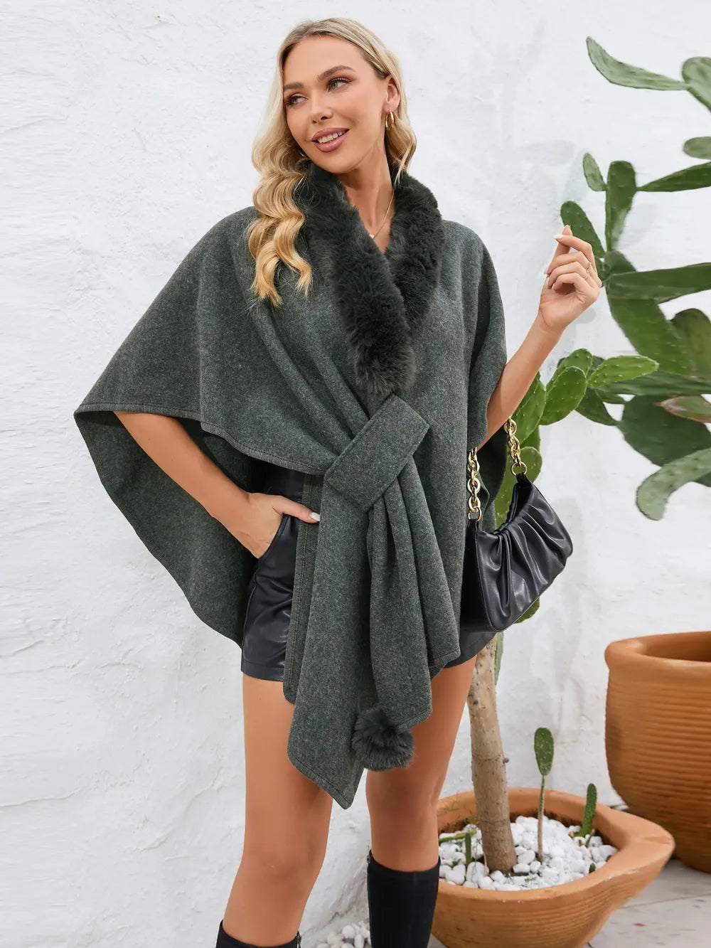 Fuzzy Trim Open Front Poncho - V.I.P Digital Presence