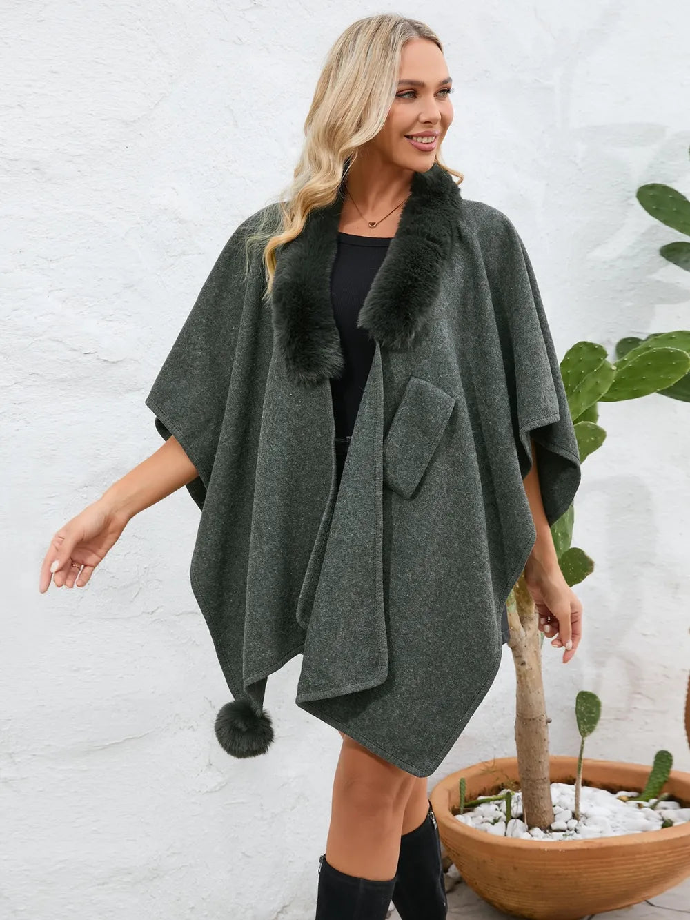 Fuzzy Trim Open Front Poncho - V.I.P Digital Presence