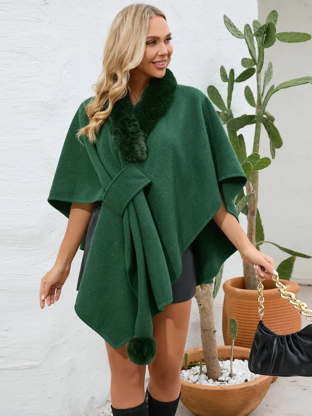 Fuzzy Trim Open Front Poncho - V.I.P Digital Presence