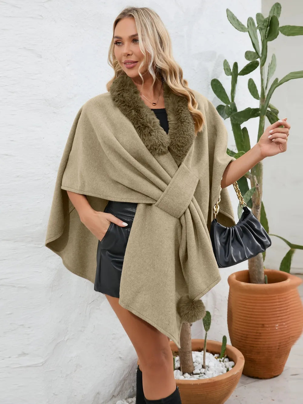 Fuzzy Trim Open Front Poncho - V.I.P Digital Presence