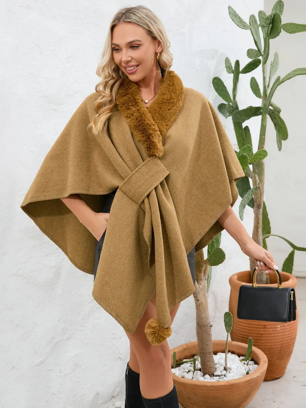 Fuzzy Trim Open Front Poncho - V.I.P Digital Presence