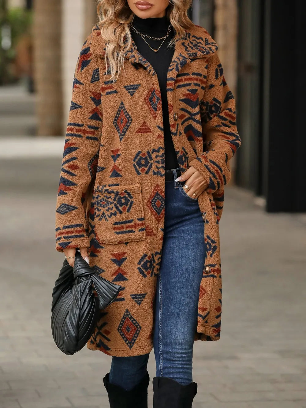 Geometric Pocketed Dropped Shoulder Coat - V.I.P Digital Presence