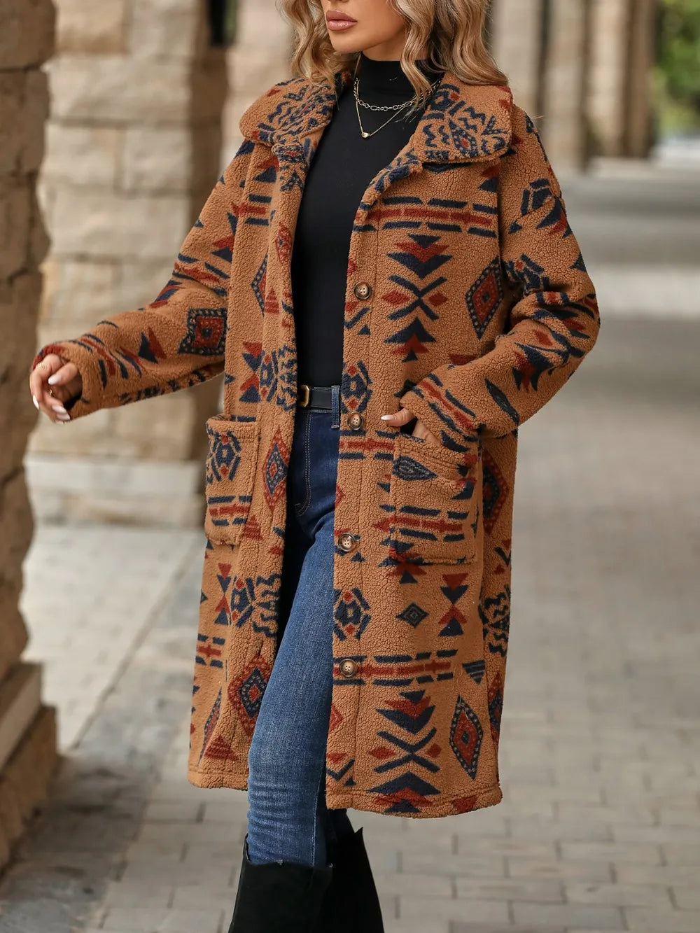 Geometric Pocketed Dropped Shoulder Coat - V.I.P Digital Presence