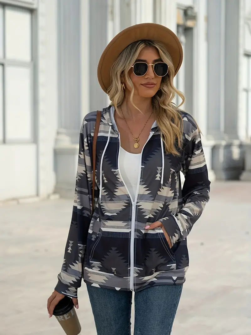 Geometric Zip Up Long Sleeve Hooded Jacket - V.I.P Digital Presence